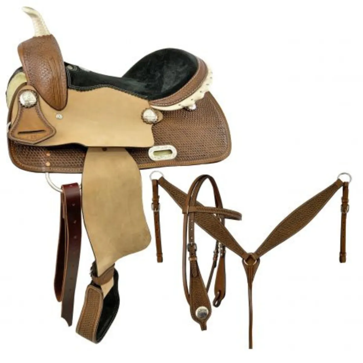 15", 16" DOUBLE T BARREL SADDLE W/ MATCHING HEADSTALL & BREAST COLLAR