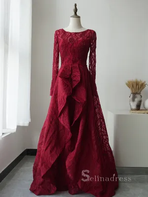 A-line Scoop Long Sleeve Elegant Long Prom Dress luxurious Burgundy Evening Gowns ASB008