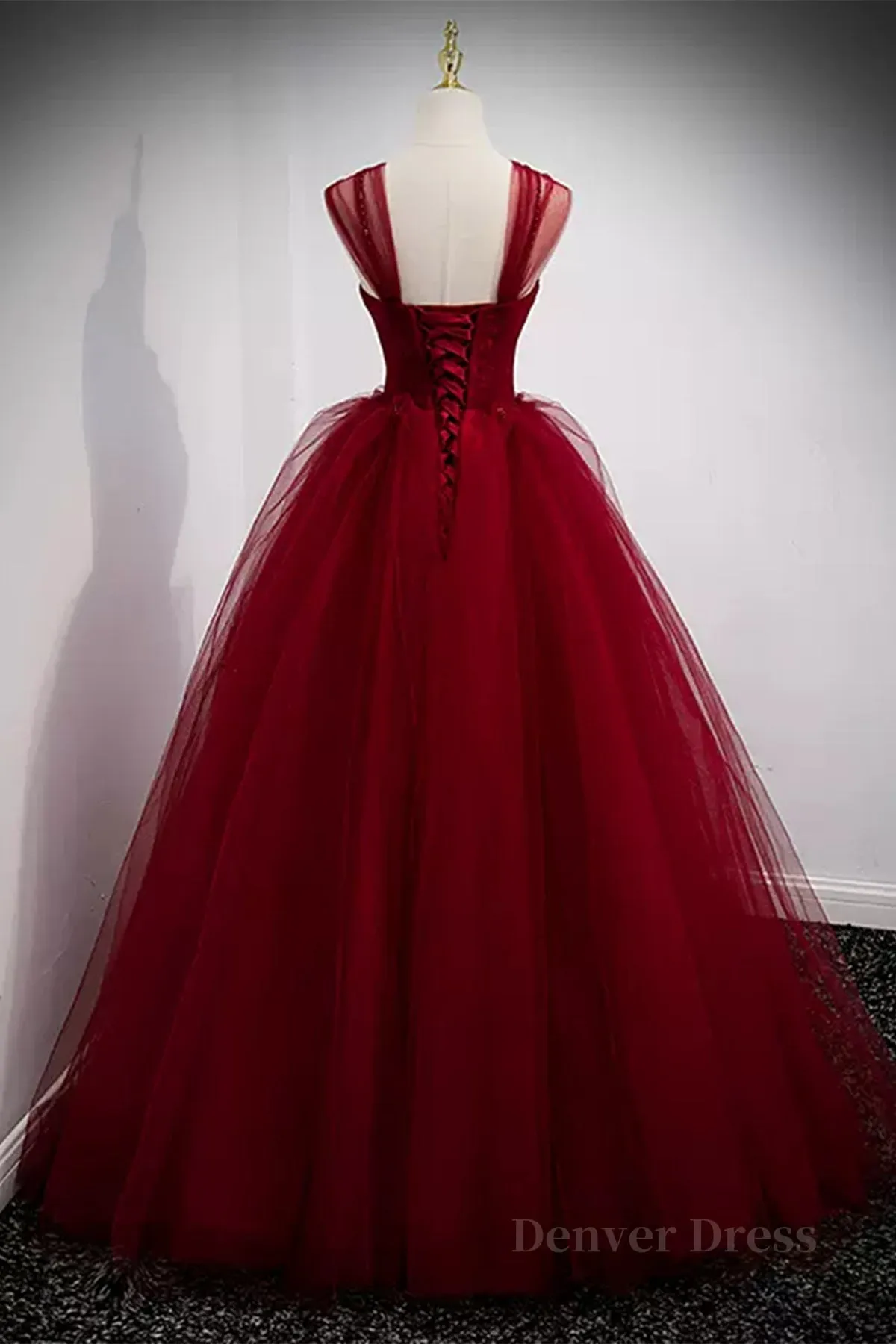 A Line Spaghetti Straps Beaded Burgundy Tulle Long Prom Dresses Long Burgundy Formal Evening Dresses