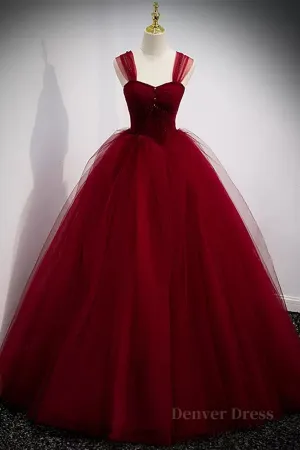 A Line Spaghetti Straps Beaded Burgundy Tulle Long Prom Dresses Long Burgundy Formal Evening Dresses