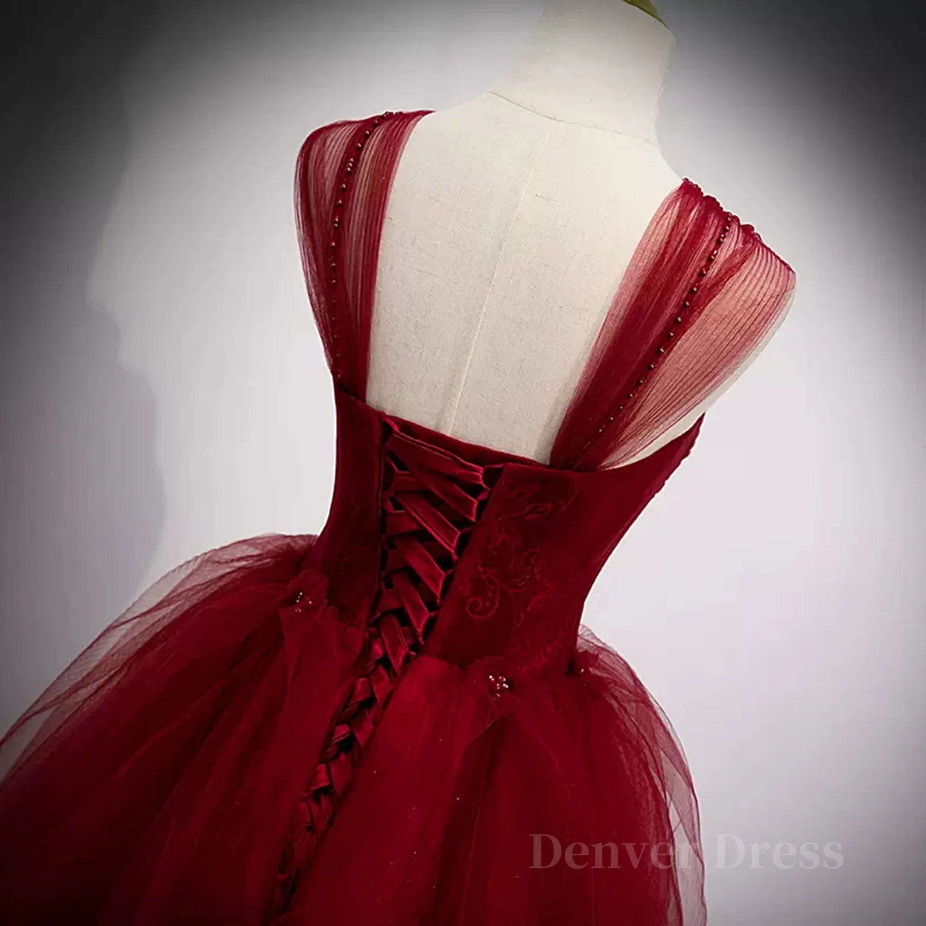 A Line Spaghetti Straps Beaded Burgundy Tulle Long Prom Dresses Long Burgundy Formal Evening Dresses