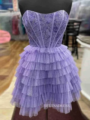 A-line Strapless Sleeveless Short Prom Dress Lilac Homecoming Dresses #TKL2324