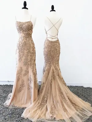 Backless Mermaid Champagne Lace Prom Dresses Champagne Backless Mermaid Lace Formal Evening Dresses