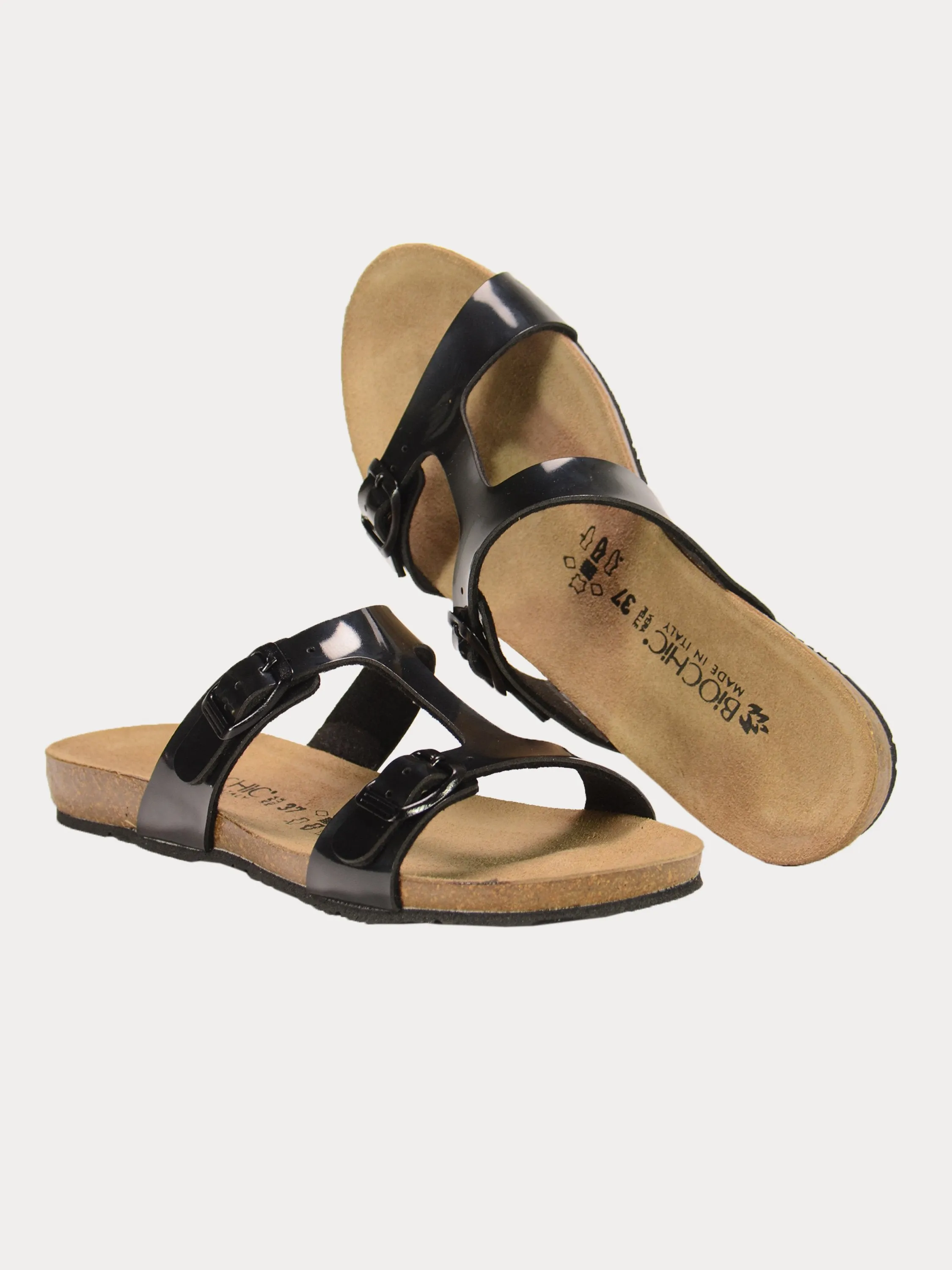 Biochic Women Dual Strap Metallic Flat Sandals