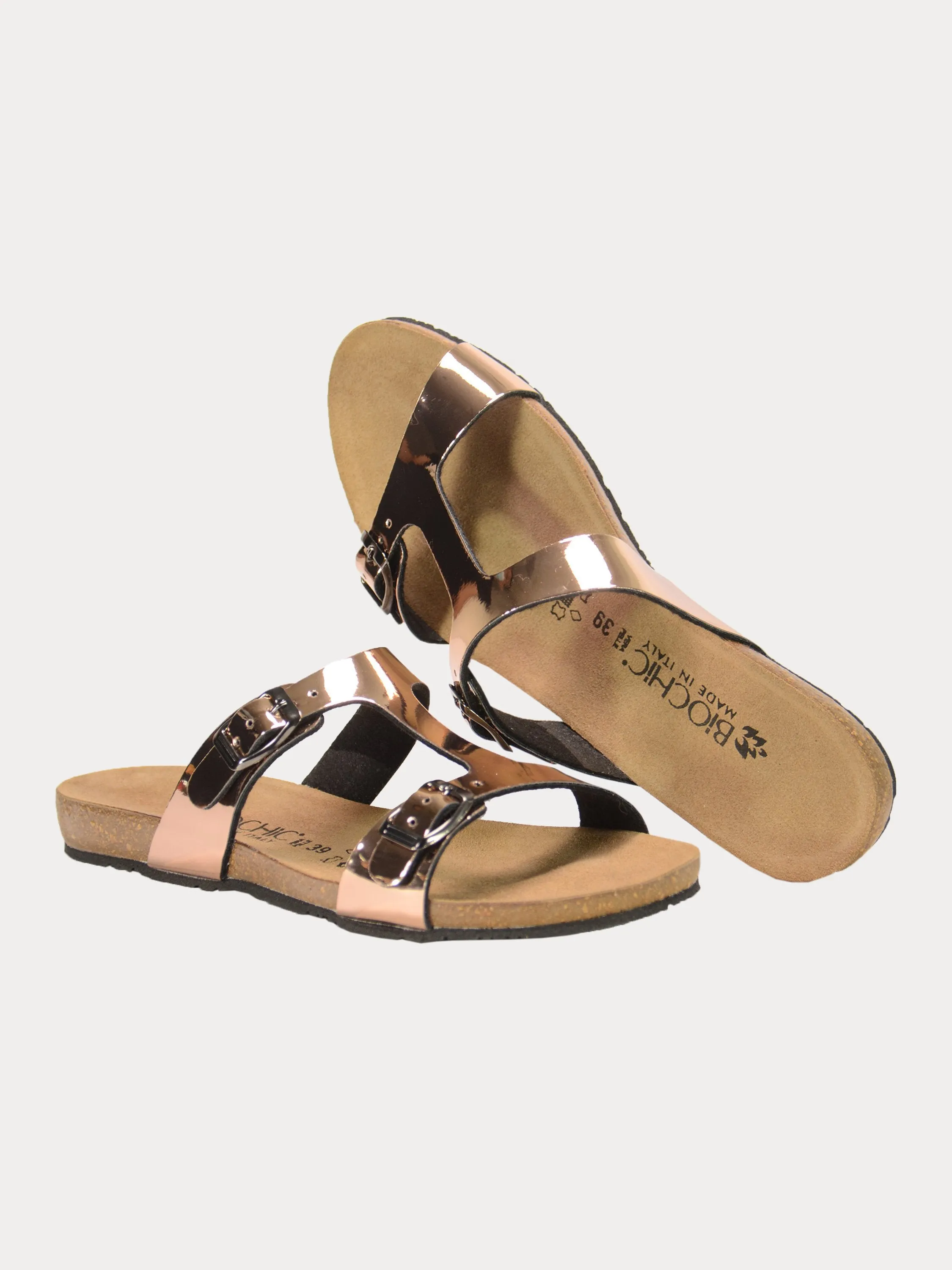 Biochic Women Dual Strap Metallic Flat Sandals