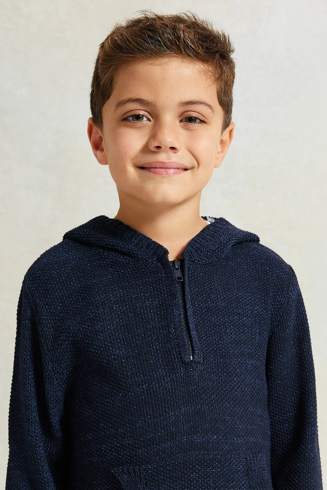 Boys Navy Solid Hooded Sweater