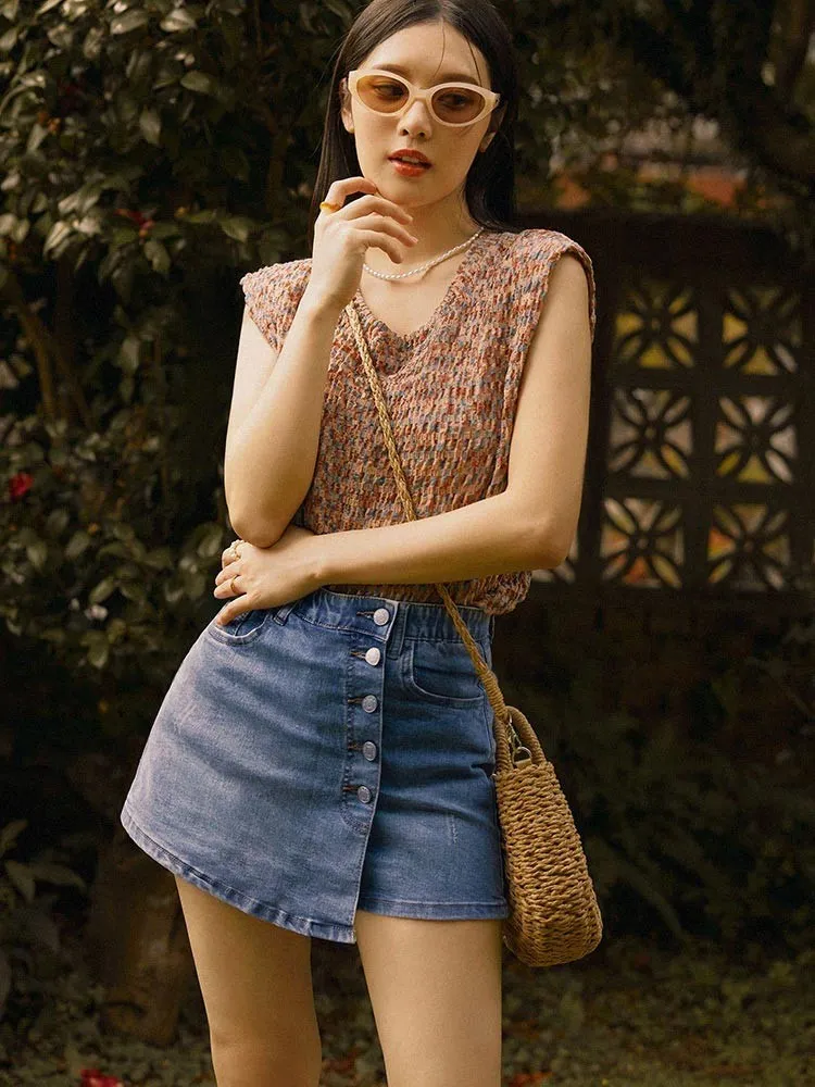 Casual Denim Jeans Button Mini Skirt Skorts Shorts