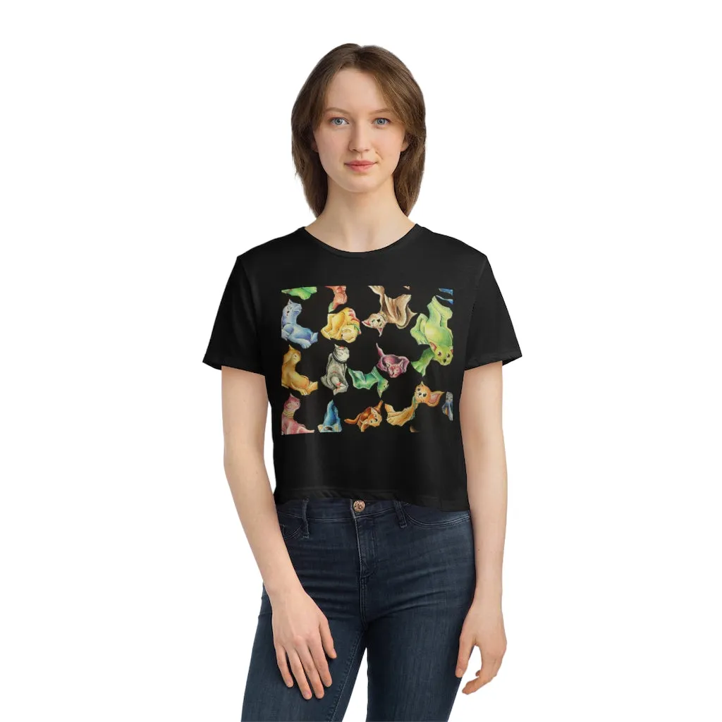 Cat Pattern Women's Flowy Cropped Tee