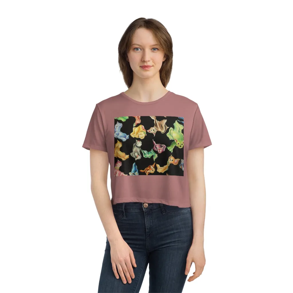 Cat Pattern Women's Flowy Cropped Tee