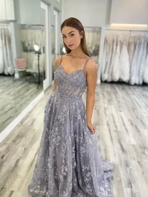 Chic A-line Spaghetti Straps Gray Lace Embroidery Long Prom Dresses Evening Gowns MSK011