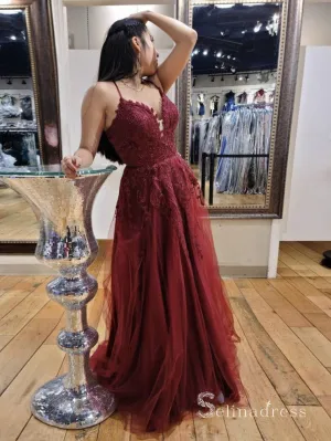 Chic A-line Spaghetti Straps Lace Long Prom Dresses Burgundy Evening Gowns CBD586