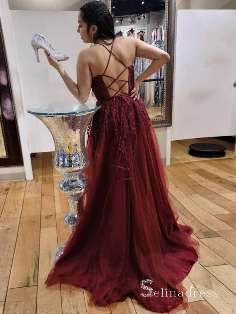 Chic A-line Spaghetti Straps Lace Long Prom Dresses Burgundy Evening Gowns CBD586