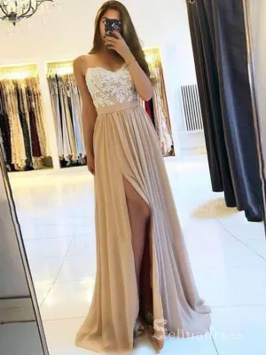 Chic A-line Spaghetti Straps Lace Prom Dresses Chiffon Lace Evening Dress MHL169