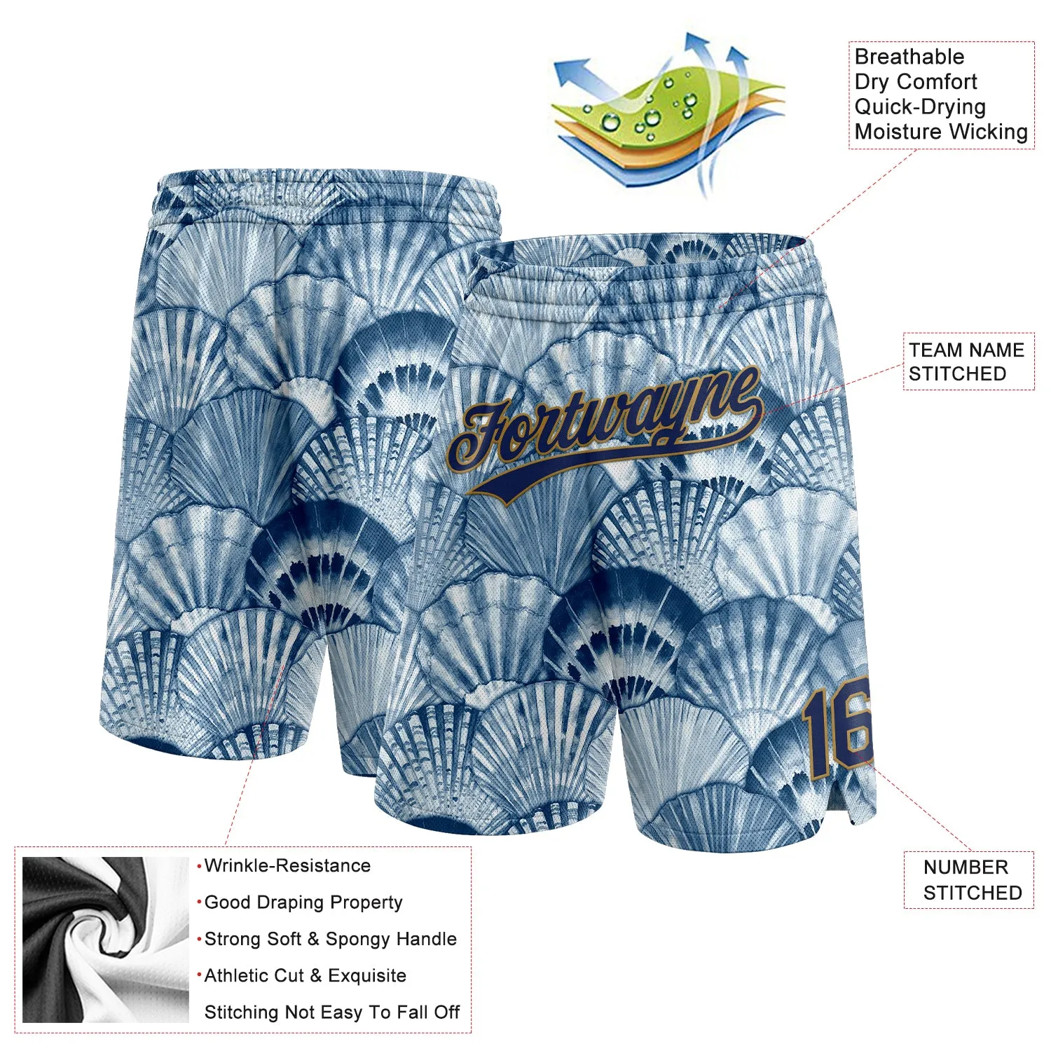 Custom Light Blue Navy-Old Gold 3D Pattern Shells Authentic Basketball Shorts