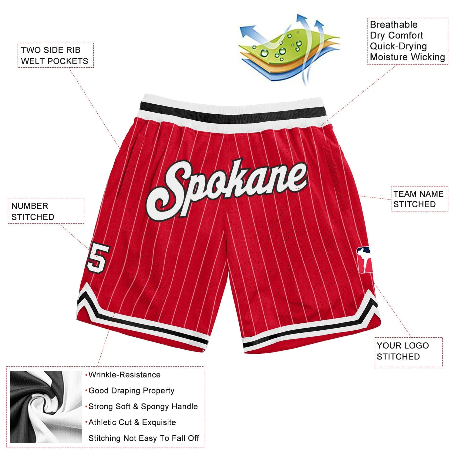 Custom Red White Pinstripe White-Black Authentic Basketball Shorts