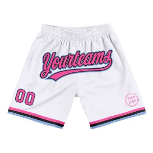 Custom White Pink Black-Light Blue Authentic Throwback Basketball Shorts