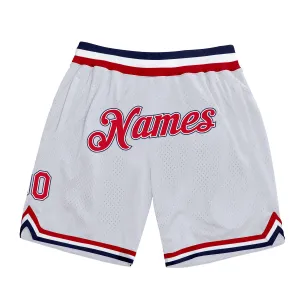 Custom White Red-Navy Authentic Throwback Basketball Shorts