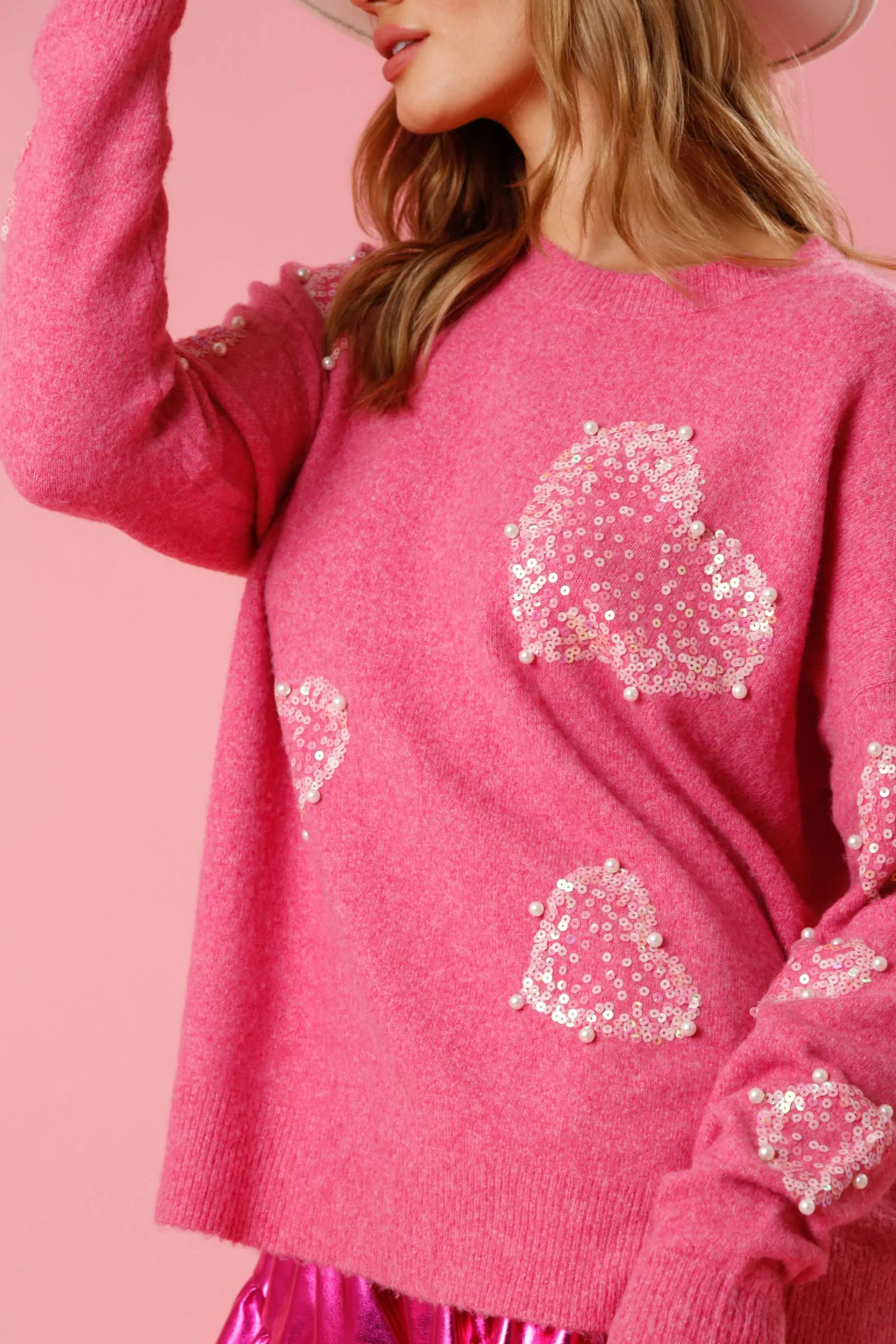 FAN Sequin & Pearl Heart Sweater