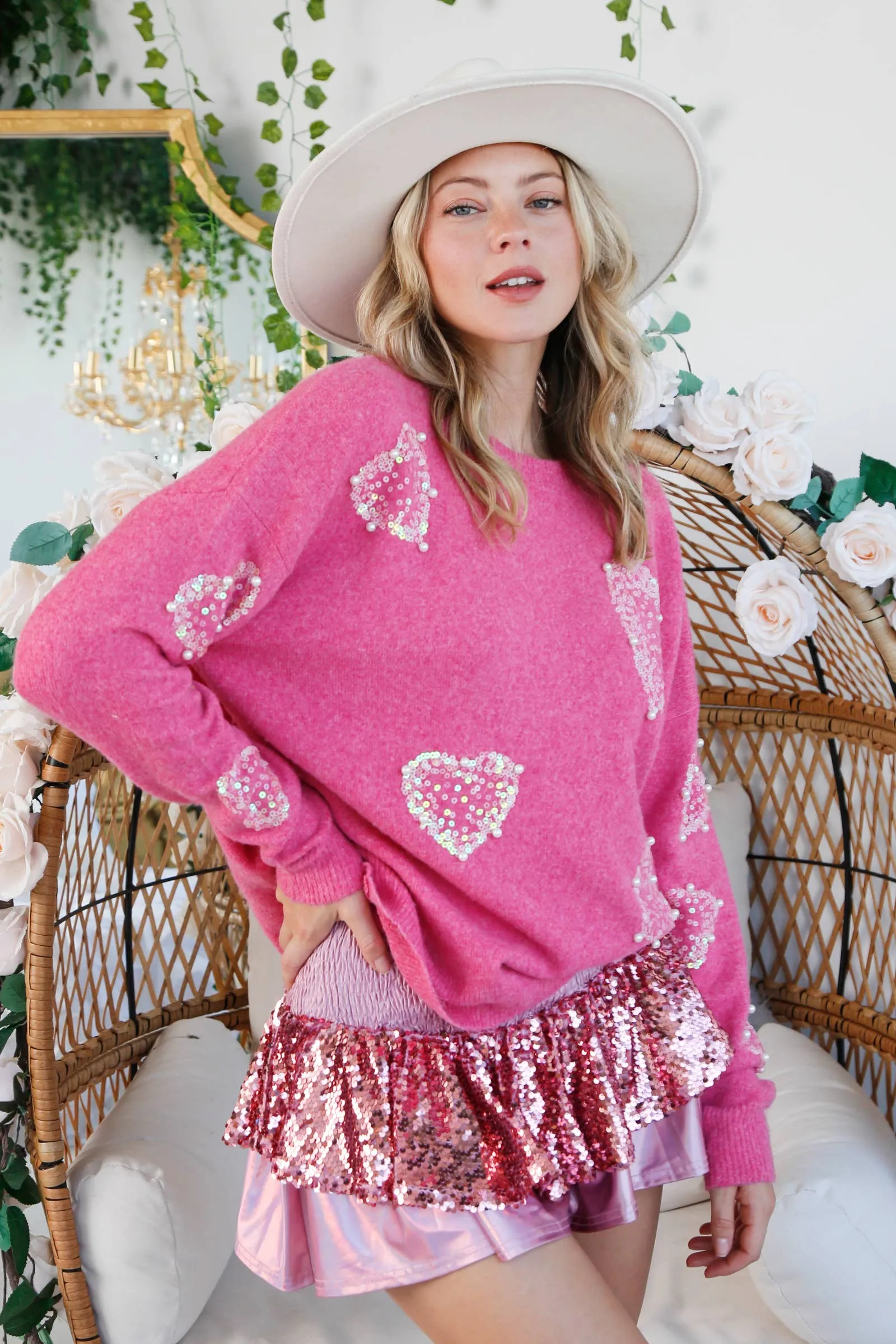 FAN Sequin & Pearl Heart Sweater