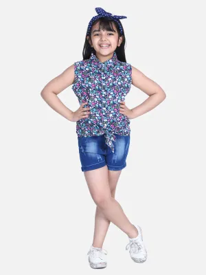 Girl's  Blue Printed Tie Knot Top With Denim Shorts - StyleStone Kid