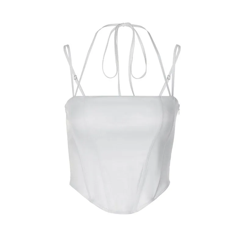 Glossy Curved Hem Spaghetti Strap Corset Halter Crop Top - White