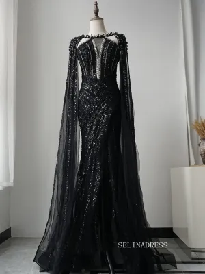 Gorgeous Mermaid Black Long Prom Dress Beaded Long Evening Dress Formal Gown FUE016