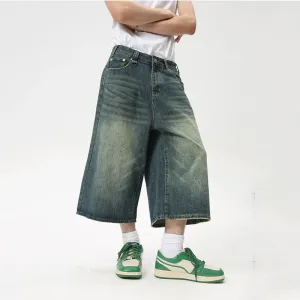 High Street Calf-Length Pants Denim Men's Shorts Straight Zipper Causal Wide Leg Male Trousers Chic Summer 8825