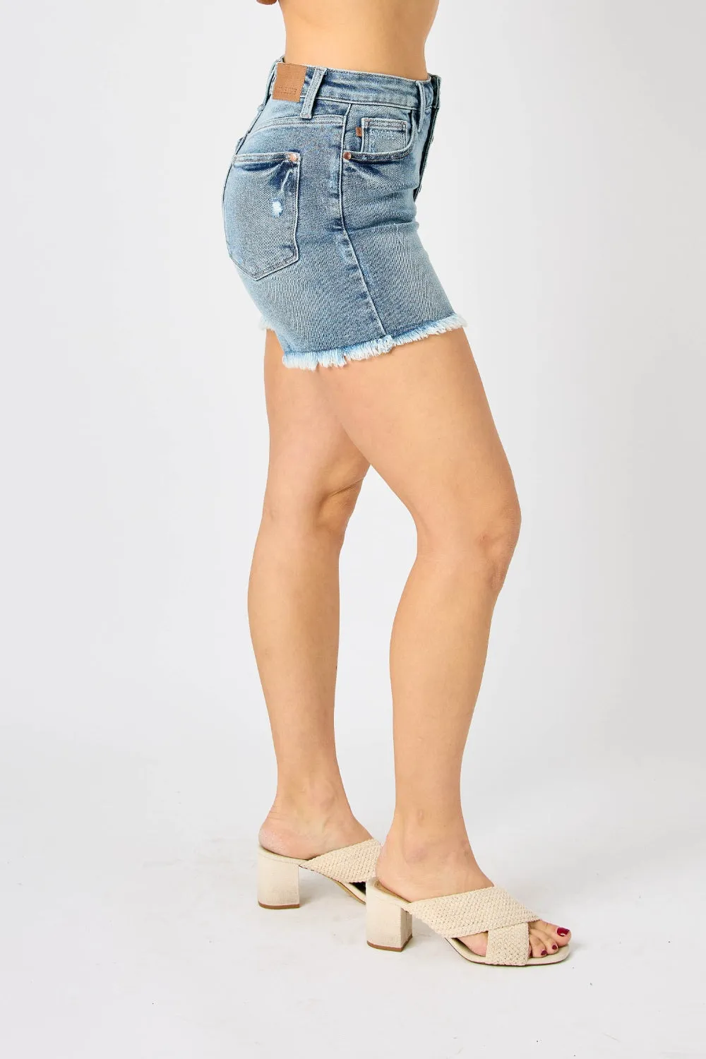 Judy Blue Button Fly Raw Hem Denim Shorts Style 150206