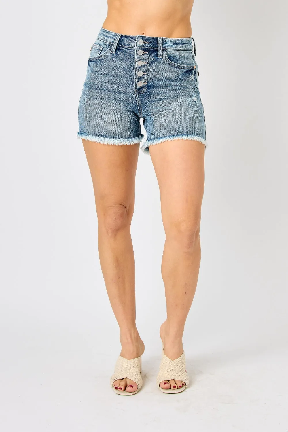 Judy Blue Button Fly Raw Hem Denim Shorts Style 150206