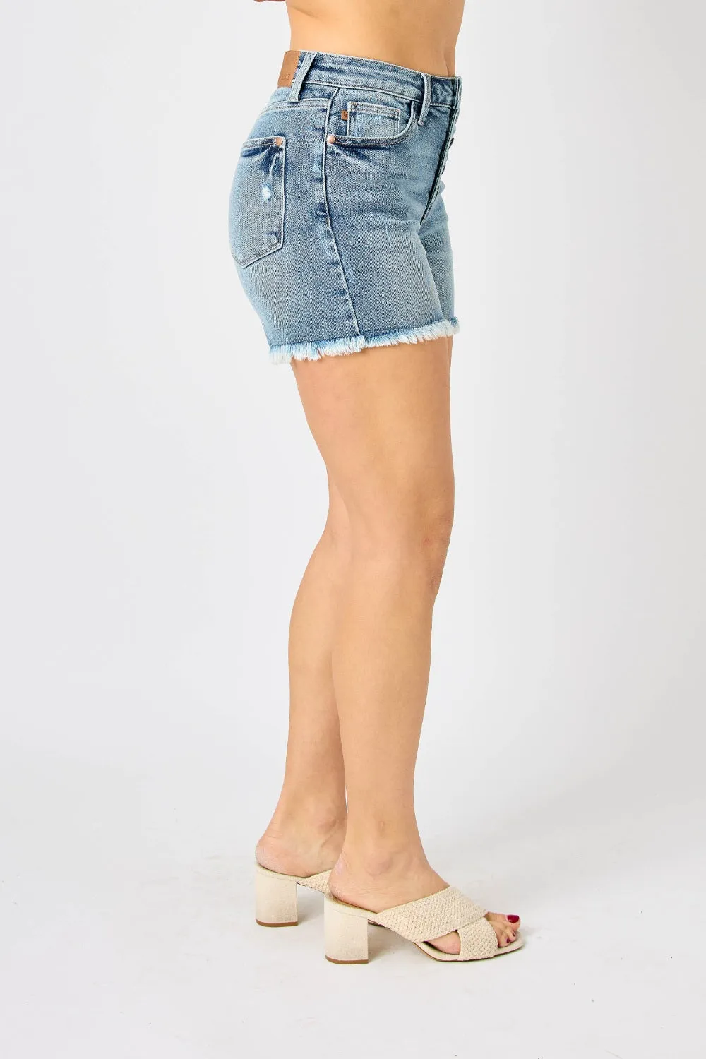 Judy Blue Button Fly Raw Hem Denim Shorts Style 150206