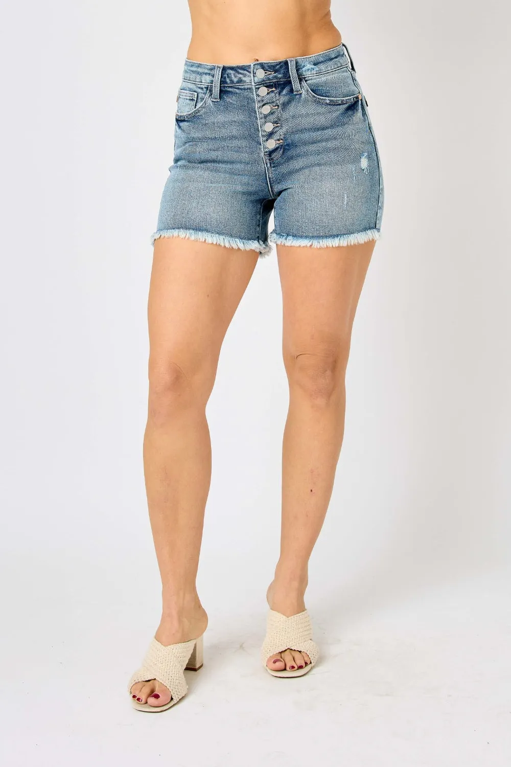 Judy Blue Button Fly Raw Hem Denim Shorts Style 150206