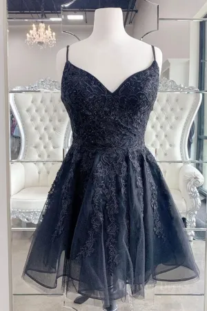 kamahe Black V Neck Backless Lace Short Prom Dresses, Backless Black Lace Homecoming Dresses, Black Lace Formal Evening Dresses