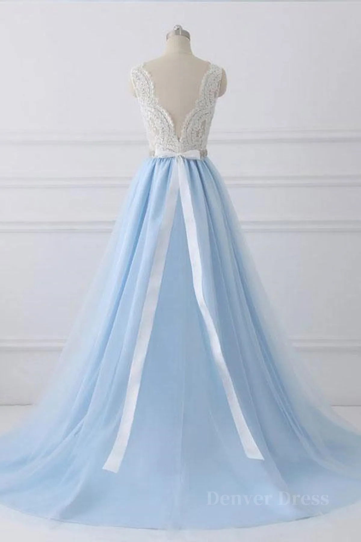 kamahe V Neck Light Blue Lace Prom Dresses, Light Blue Lace Formal Evening Dresses