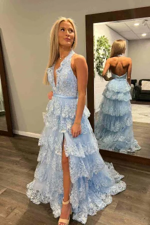 Light Blue Halter Ruffle Long Formal Dress with Appliques sew0311