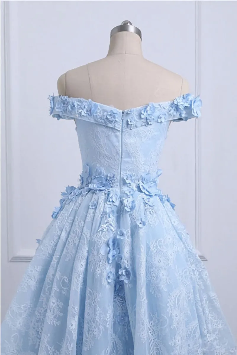 Light Blue Short Dress, Lace High Low Homecoming Dress, Floral Prom Dresses