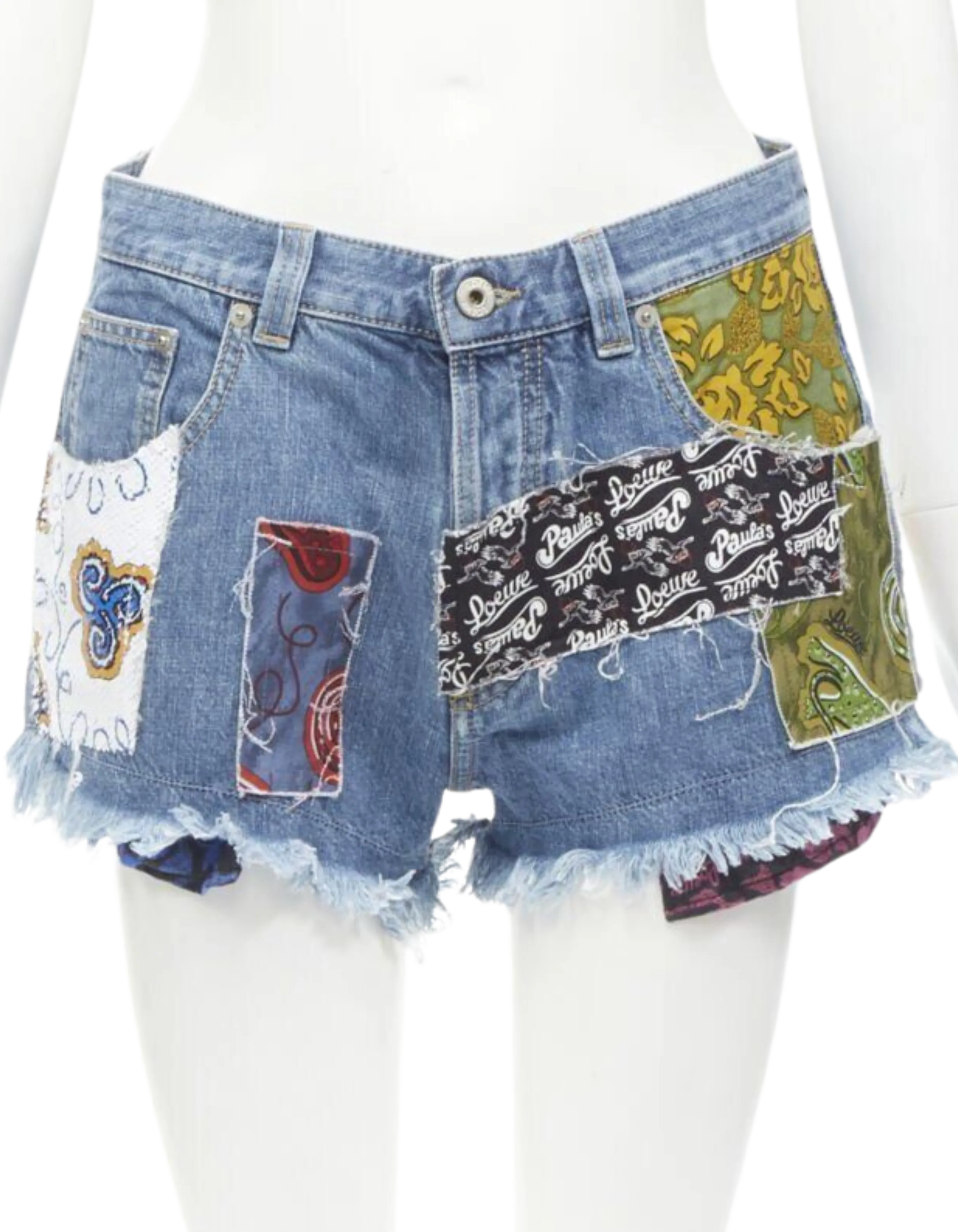 LOEWE Paula's Ibiza Blue Denim Sequin Patchwork Cut Off Shorts - FR36/S