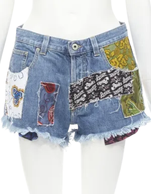 LOEWE Paula's Ibiza Blue Denim Sequin Patchwork Cut Off Shorts - FR36/S