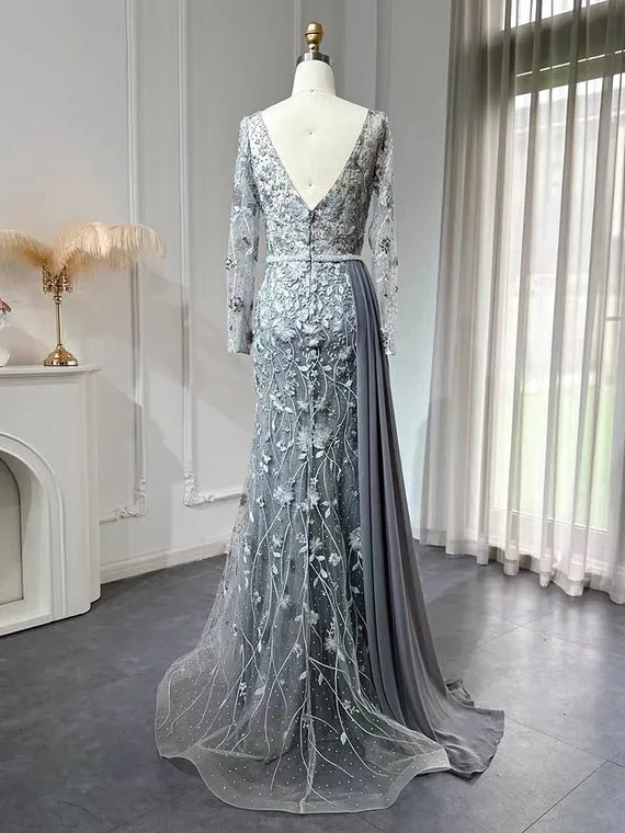 Luxury Mermaid V neck Long Sleeve Prom Dress Lace Beaded Evening Gowns #OPS009