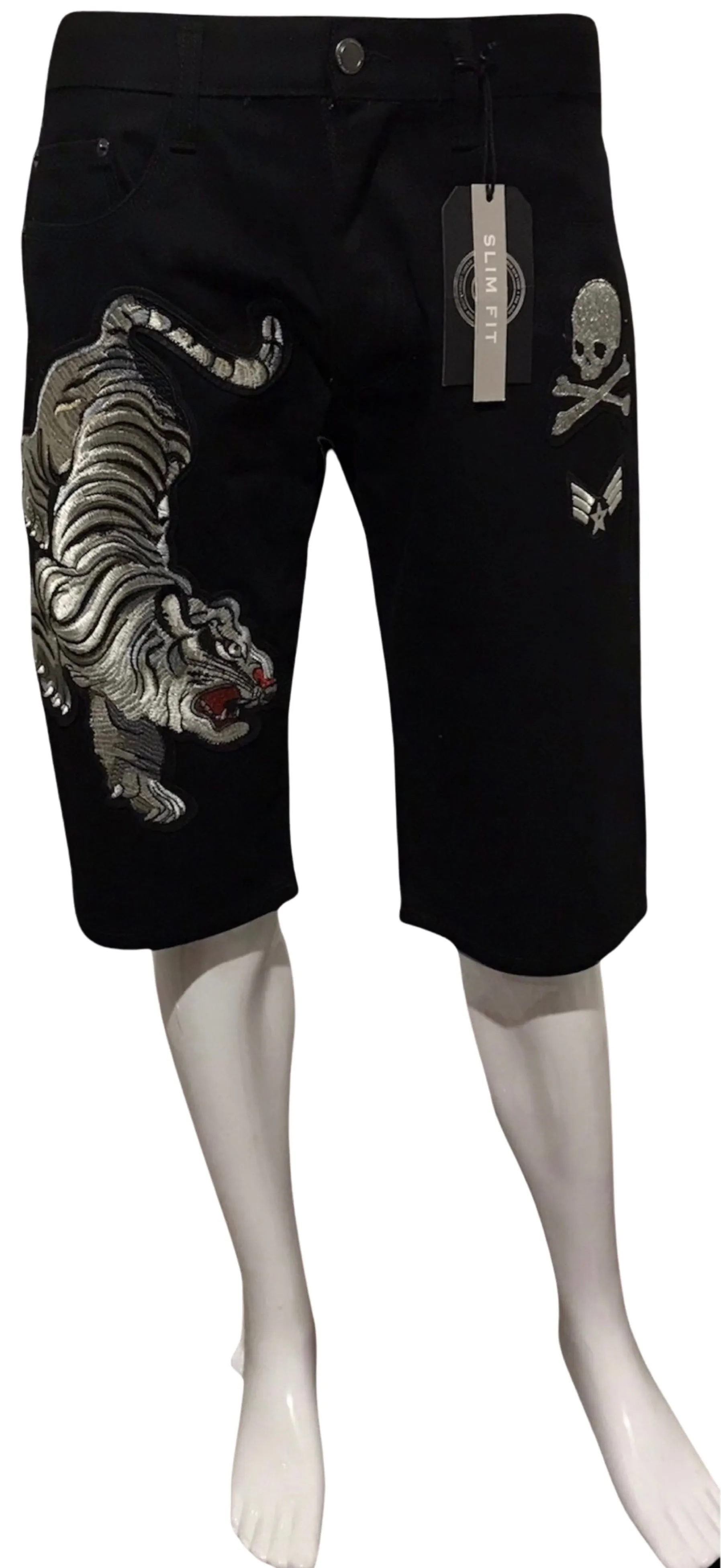 ^MAXI MILIAN^ (BLACK) ~TIGER~ DENIM SHORTS (SLIM FIT) (EMBROIDERED)