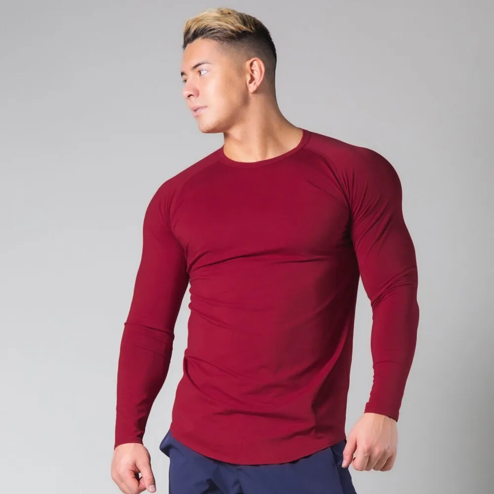 Men Bodybuilding Long sleeve Shirt Casual Cotton Skinny T-Shirt Male Gym Fitness Workout Tees Tops Spring Running Sport Clothing