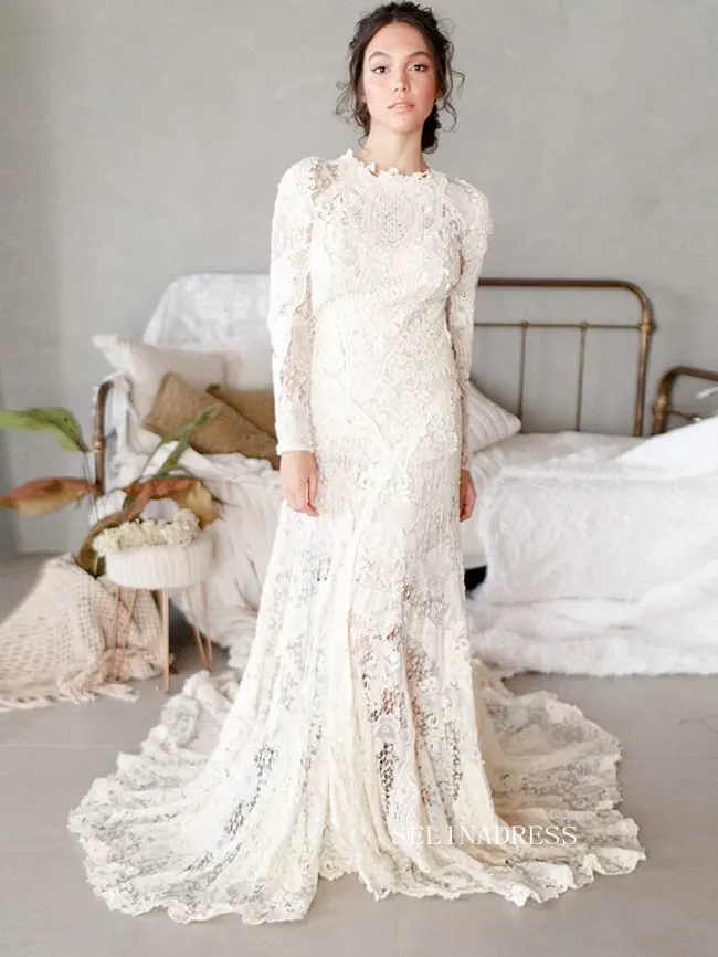 Mermaid Scoop Long Sleeve Ivory Lace Wedding Dress Rustic Boho Bride Gowns JKP009