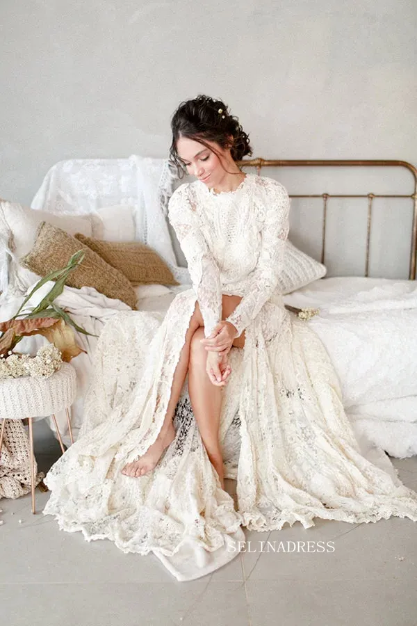 Mermaid Scoop Long Sleeve Ivory Lace Wedding Dress Rustic Boho Bride Gowns JKP009