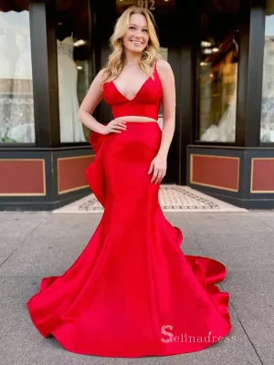 Mermaid Two Pieces Red Long Prom Dresses Spaghetti Straps Satin Evening Dresses MLK043