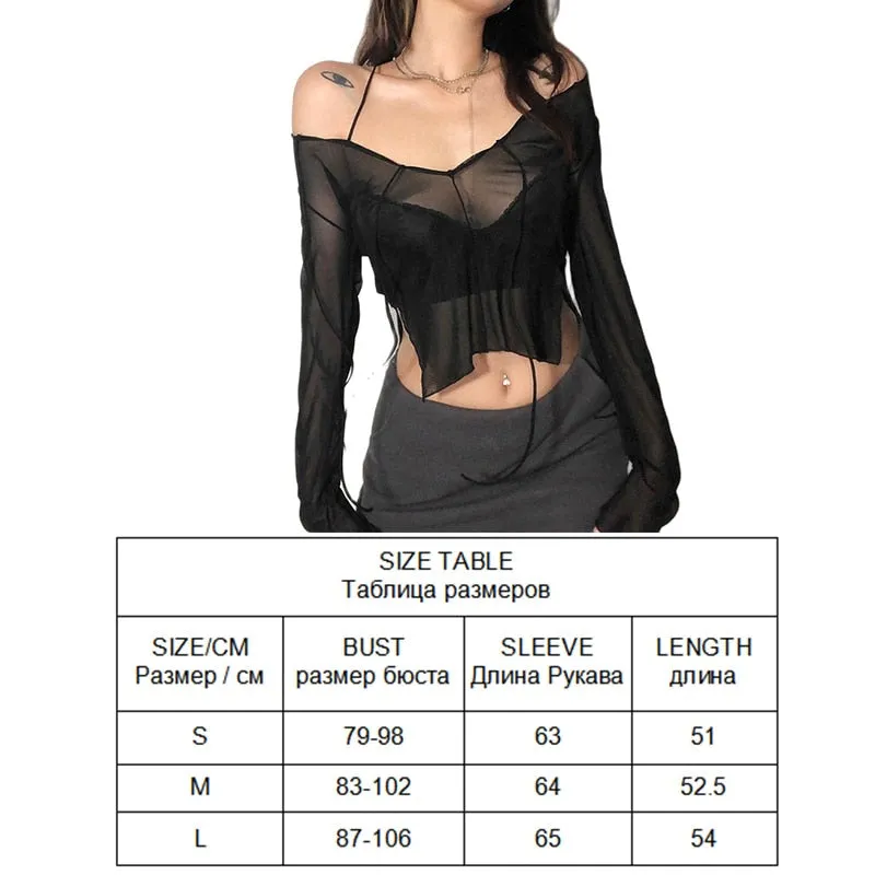 Mesh Top Women Long Sleeve T-Shirt New Year Off Shoulder Crop Top Solid Sexy Skinny Sheer Bandage Tees Streetwear Y2K Clothes