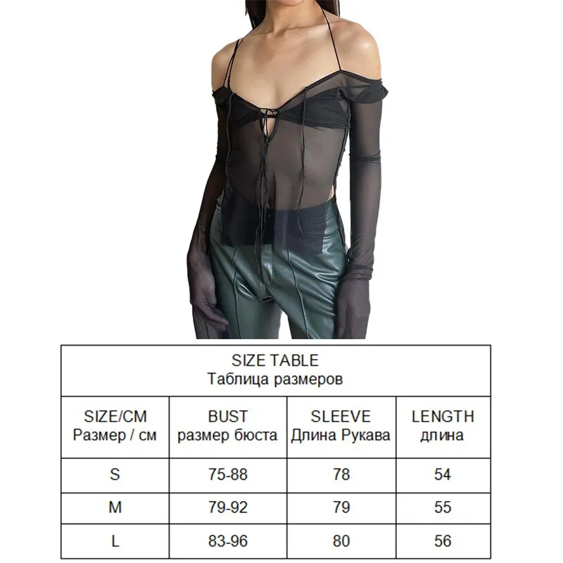 Mesh Top Women Long Sleeve T-Shirt New Year Off Shoulder Crop Top Solid Sexy Skinny Sheer Bandage Tees Streetwear Y2K Clothes