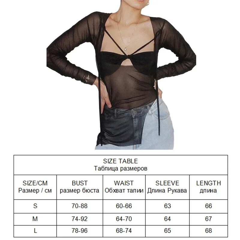 Mesh Top Women Long Sleeve T-Shirt New Year Off Shoulder Crop Top Solid Sexy Skinny Sheer Bandage Tees Streetwear Y2K Clothes