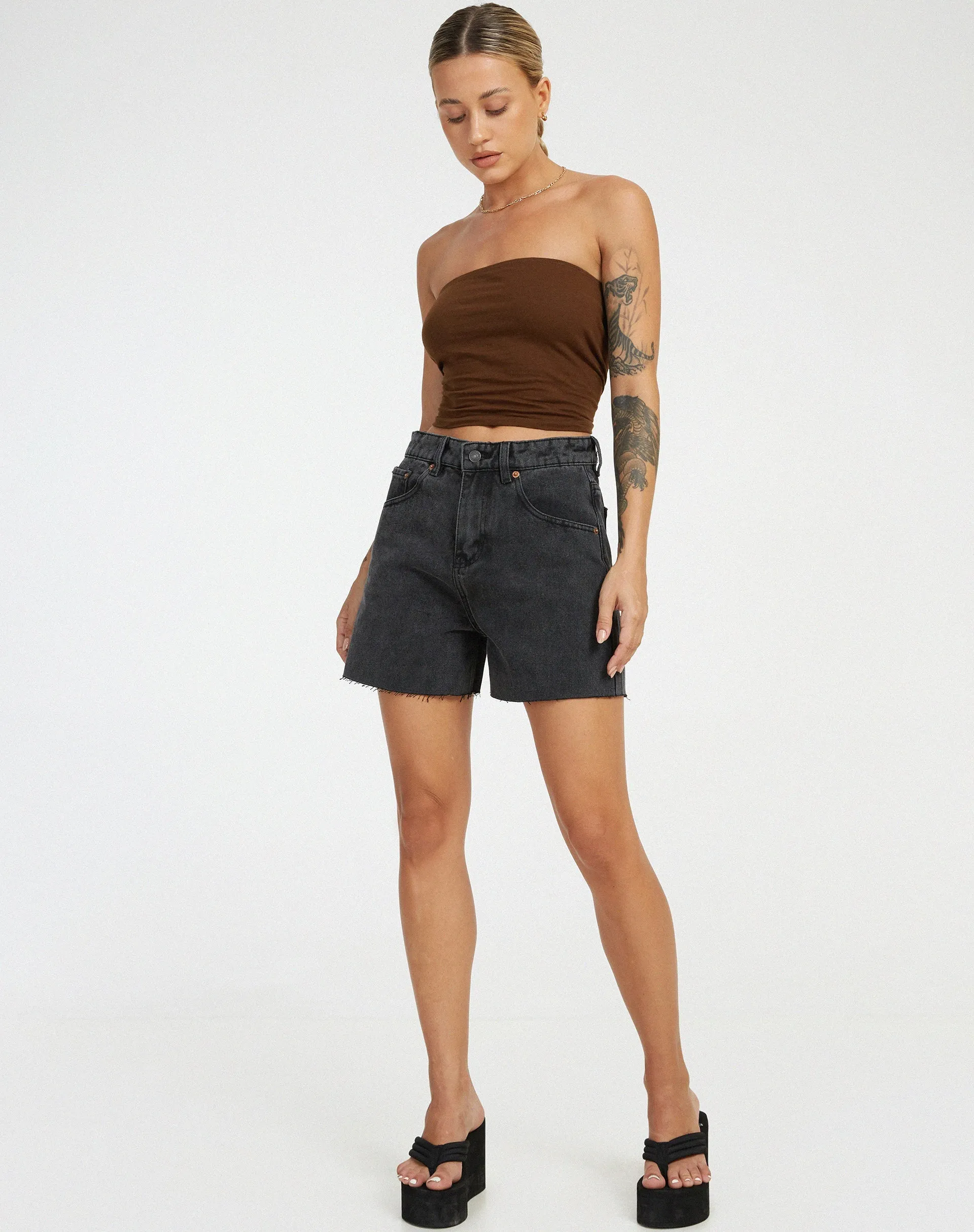 Mid Length Denim Shorts in Black Wash