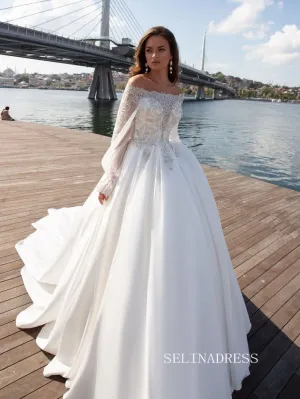 Off-the-shoulder Beaded Long Sleeve White Wedding Dresses Bridal Gowns SEW0188