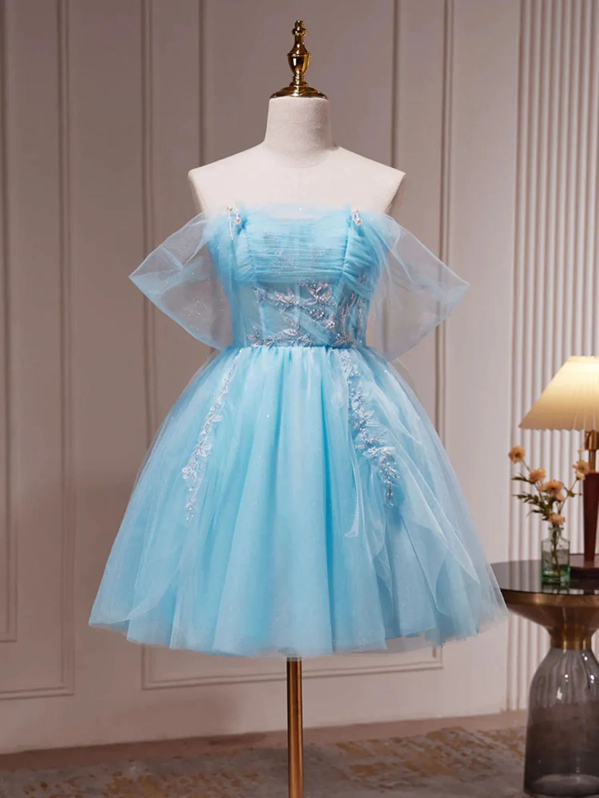 Off the Shoulder Short Blue Prom Dresses, Short Blue Lace Formal Homecoming Dresses