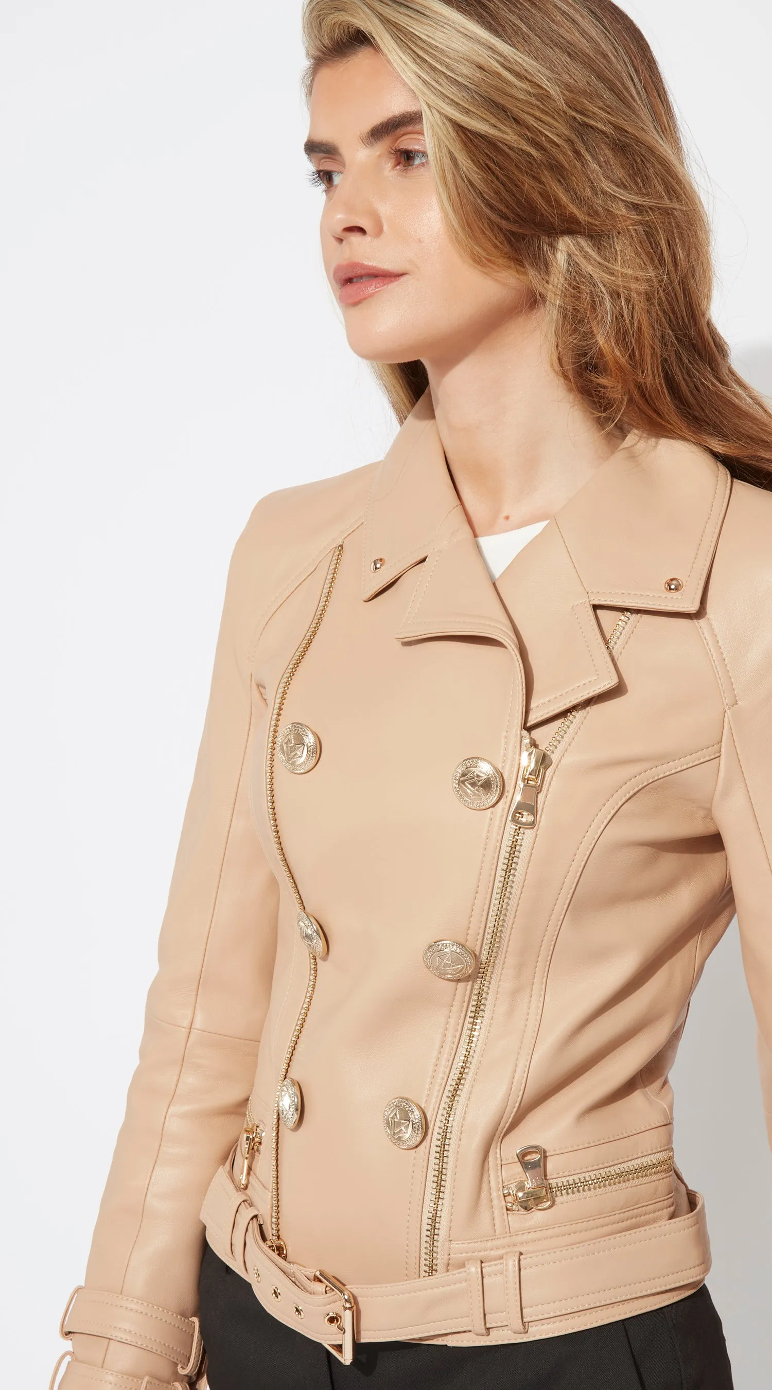 OUTLET Luxy Double-Breasted Leather Biker - Nude